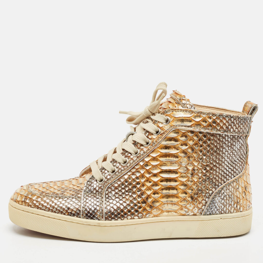 luxury-men-christian-louboutin-used-shoes-p1124975-010 Christian Louboutin Metallic Mustard/Brown Python Leather Rantus Orlato High-Top Sneakers Size 39