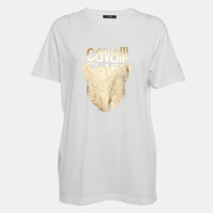 Class by Roberto Cavalli White/Gold Cotton Crew Neck T-Shirt L
