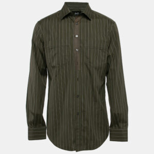 D&G Khaki Green Striped Cotton Slim Fit Shirt XXL