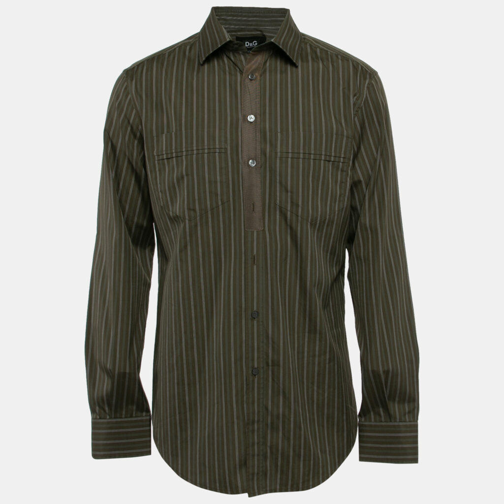 luxury-men-dg-used-clothes-p1127181-003 D&G Khaki Green Striped Cotton Slim Fit Shirt XXL