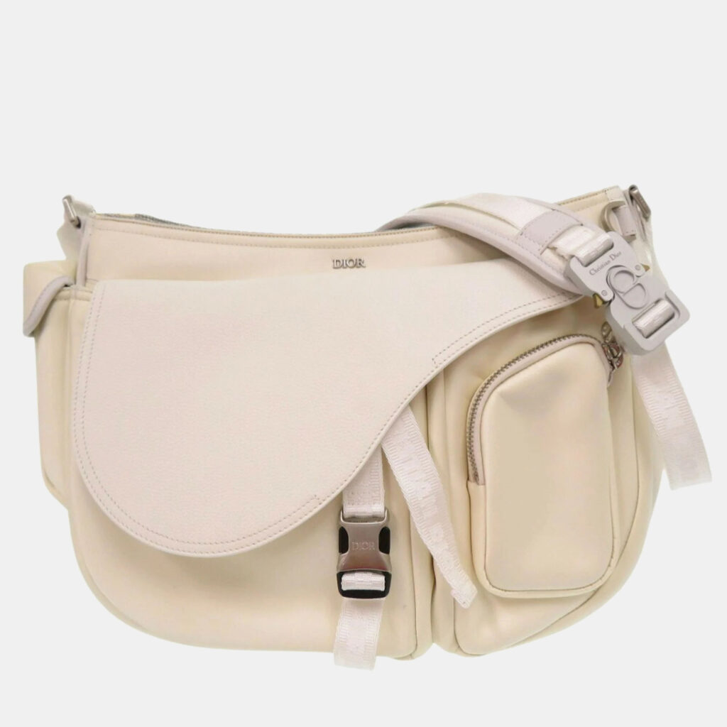 luxury-men-dior-used-bags-p1120530-008 Christian Dior x Sacai White Leather Nylon Saddle Soft Shoulder Bag