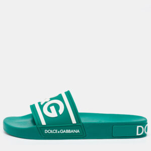 Dolce & Gabbana Dark Green Rubber Logo Flat Slides Size 41