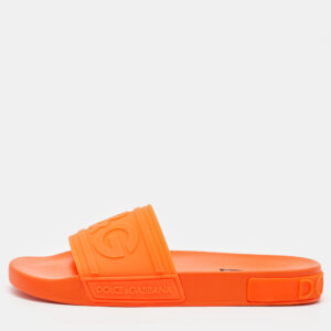 Dolce & Gabbana Neon Orange Rubber Logo Flat Slides Size 42