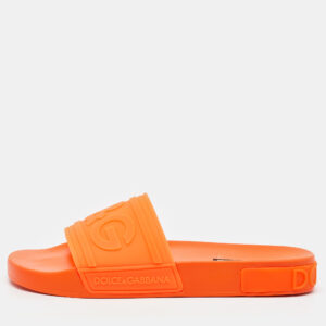 Dolce & Gabbana Neon Orange Rubber Logo Flat Slides Size 41