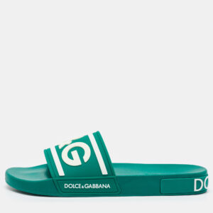 Dolce & Gabbana Dark Green Rubber Logo Flat Slides Size 44