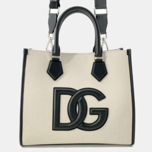 Dolce & Gabbana Logo Natural/Black Canvas Leather Tote Bag