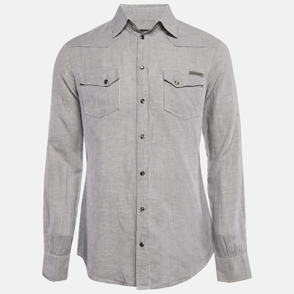 Dolce & Gabbana Grey Stripe Cotton Button Front Shirt M