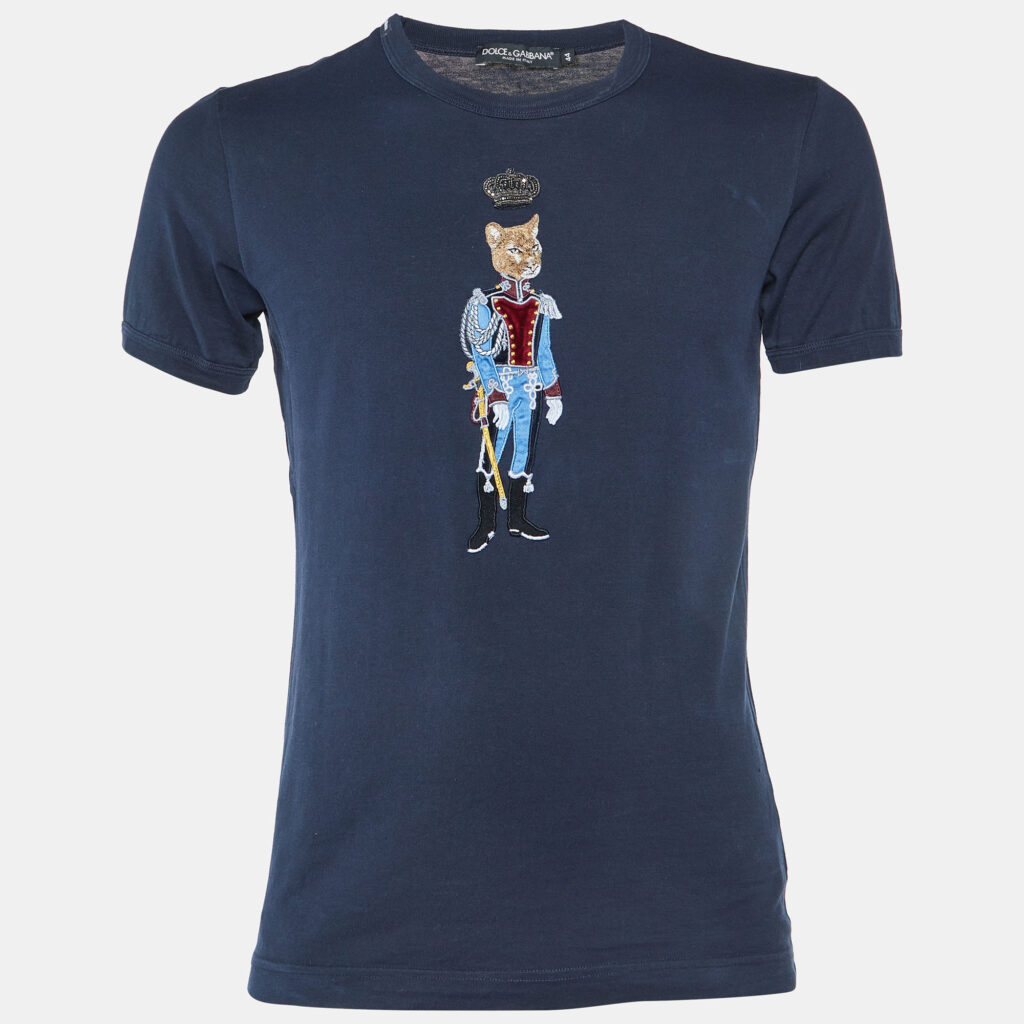 Dolce & Gabbana Navy Blue Cotton Royal Pet Patch Detail T-Shirt XS