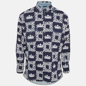 Dolce & Gabbana Navy Blue Logo Print Denim Button Front Shirt M