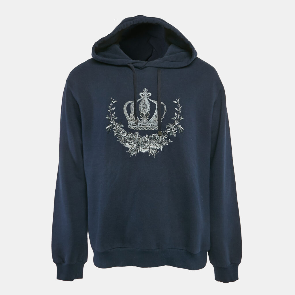 luxury-men-dolcegabbana-used-clothes-p1121445-003 Dolce & Gabbana Navy Blue Crown Embroidered Cotton Knit Hoodie XXL
