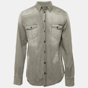 Dolce & Gabbana Grey Distressed Denim Gold Shirt XXL