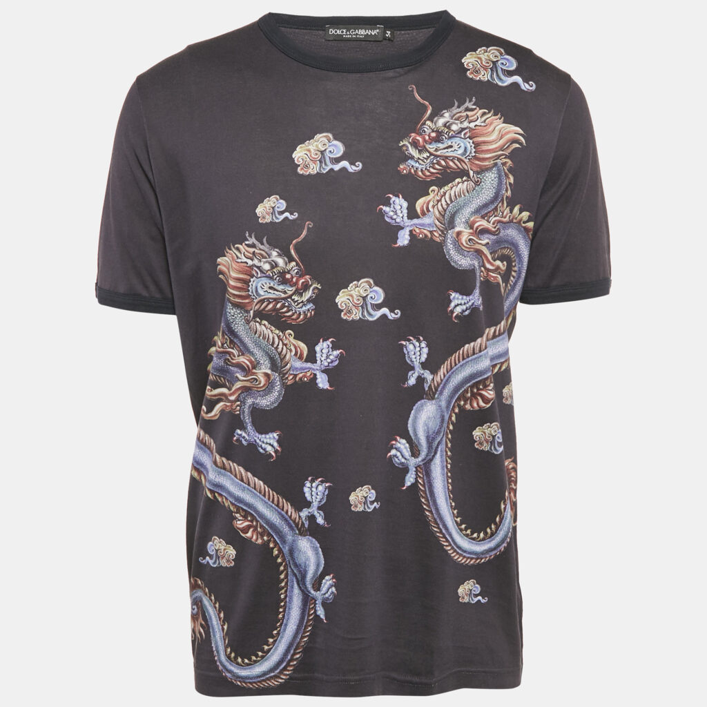 luxury-men-dolcegabbana-used-clothes-p1149305-005 Dolce & Gabbana Blue Dragon Print Jersey Crewneck T-Shirt XXL