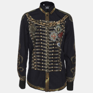 Dolce & Gabbana Navy Blue Printed Cotton Button Front Gold Shirt M