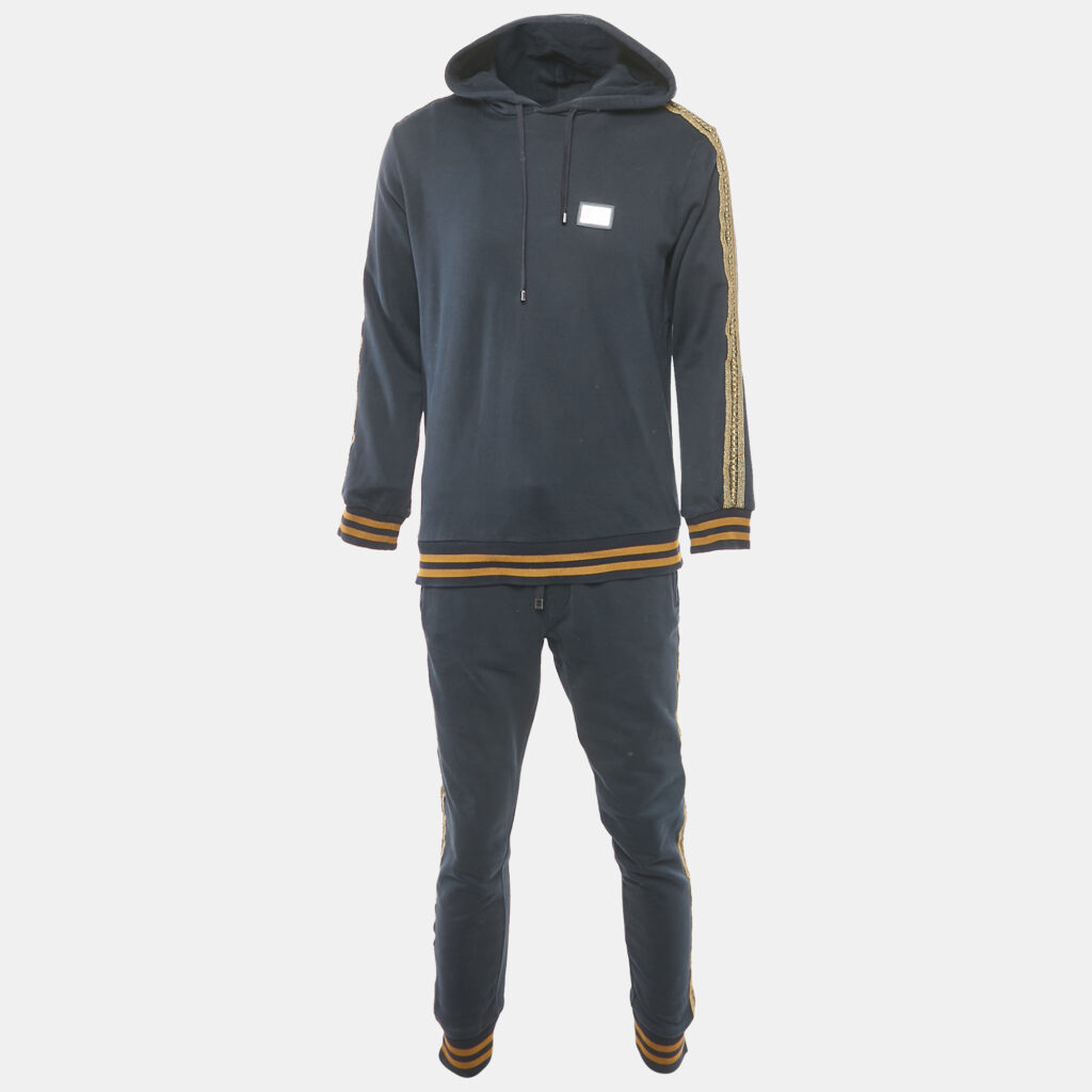 Dolce & Gabbana Navy Blue Cotton Knit hooded Sweatshirt & Joggers Set L