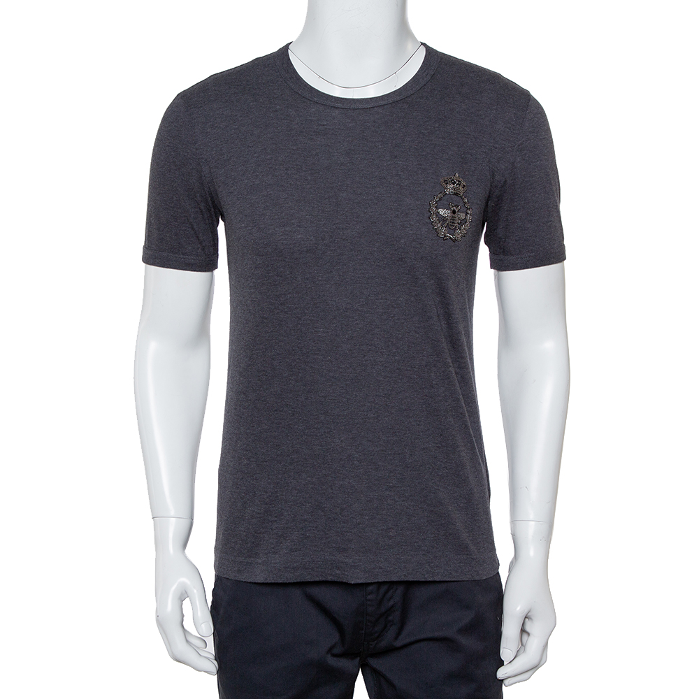 luxury-men-dolcegabbana-used-clothes-p417350-002 Dolce & Gabbana Grey Cotton Crown & Bee Patch T Shirt XS