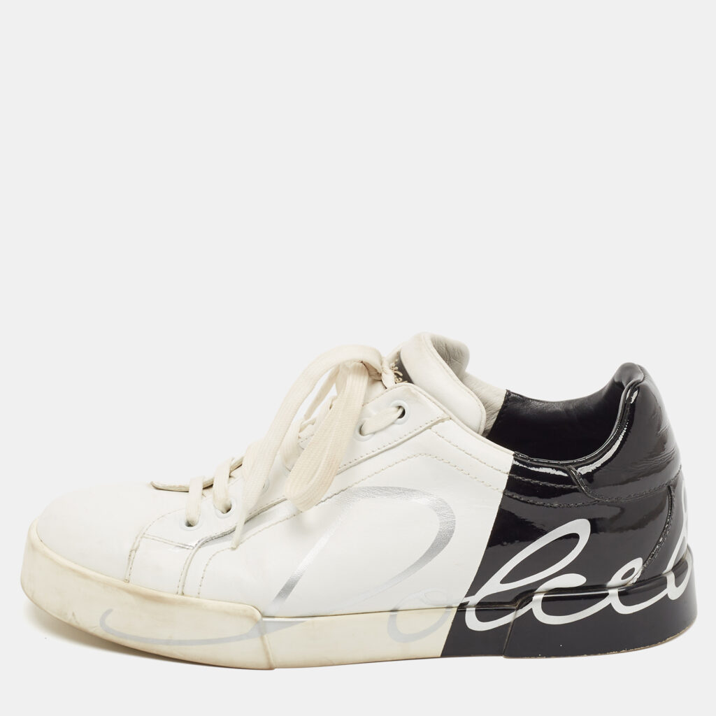 luxury-men-dolcegabbana-used-shoes-p1092359-001.jpg Dolce & Gabbana White/Black Leather and Patent Portofino Lace Up Sneakers Size 40