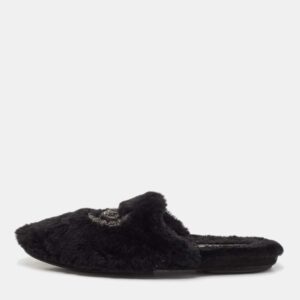 Dolce & Gabbana Black Fur Crown Crystal Embellished Flat Mules Size 44