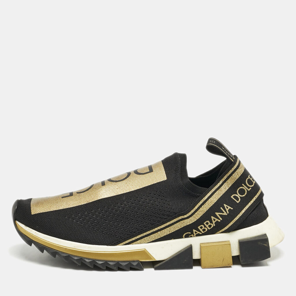 luxury-men-dolcegabbana-used-shoes-p1158277-001 Dolce & Gabbana Gold/Black Knit Fabric Sorrento Slip On Sneakers Size 43