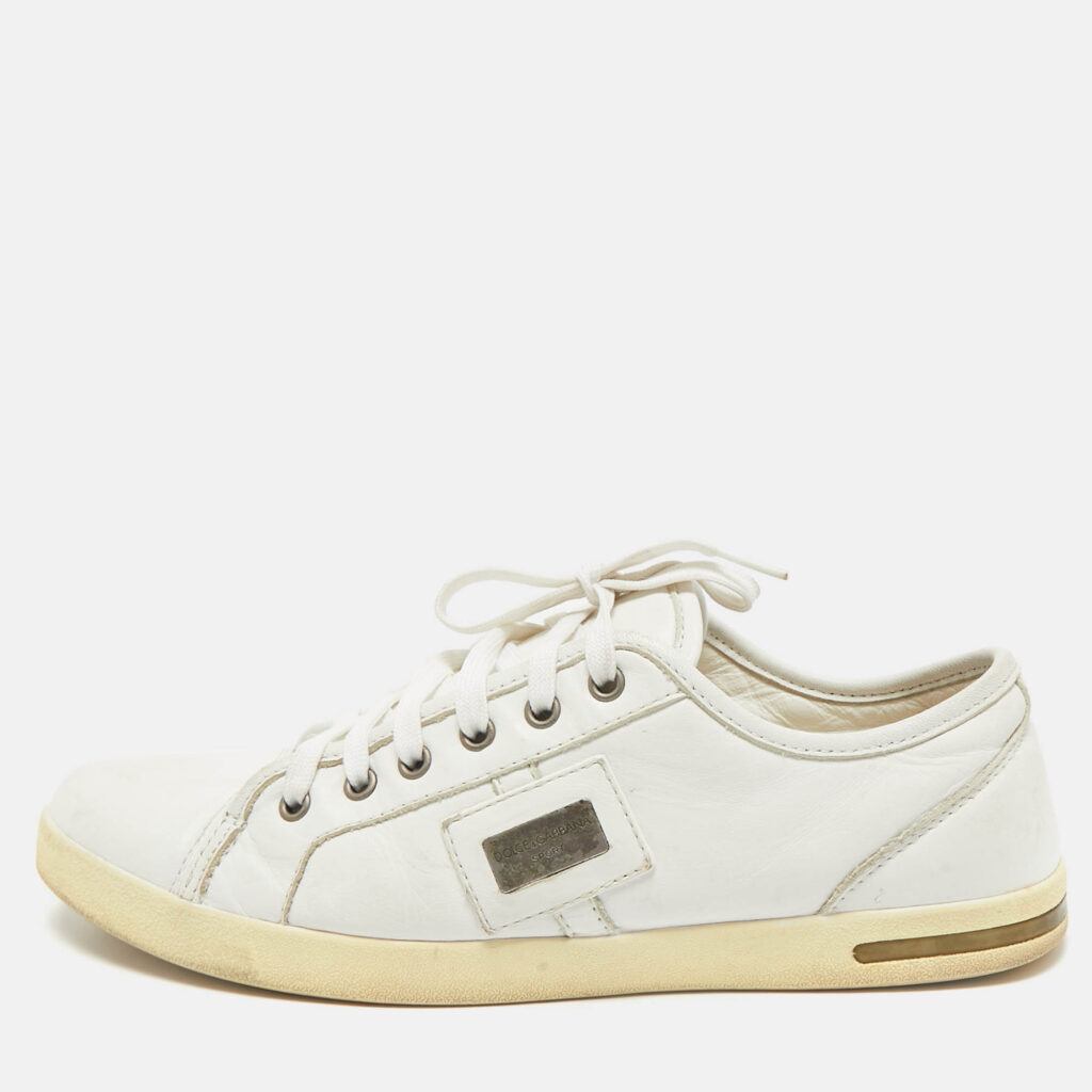 luxury-men-dolcegabbana-used-shoes-p1159222-010 Dolce & Gabbana White Leather Logo Plaque Low Top Sneakers Size 41.5