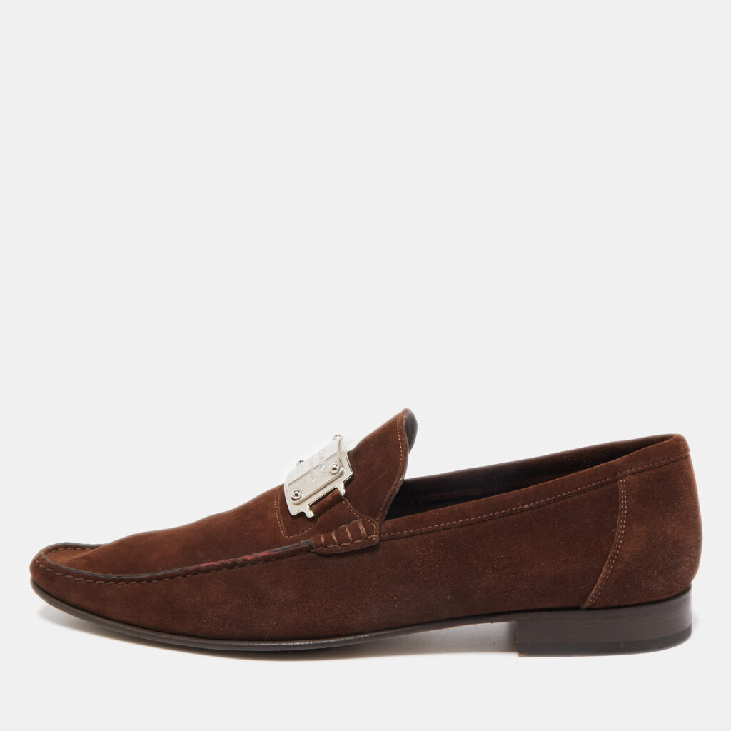 luxury-men-dolcegabbana-used-shoes-p859333-001 Dolce & Gabbana Brown Suede And Leather Logo Plate Slip On Loafers Size 45