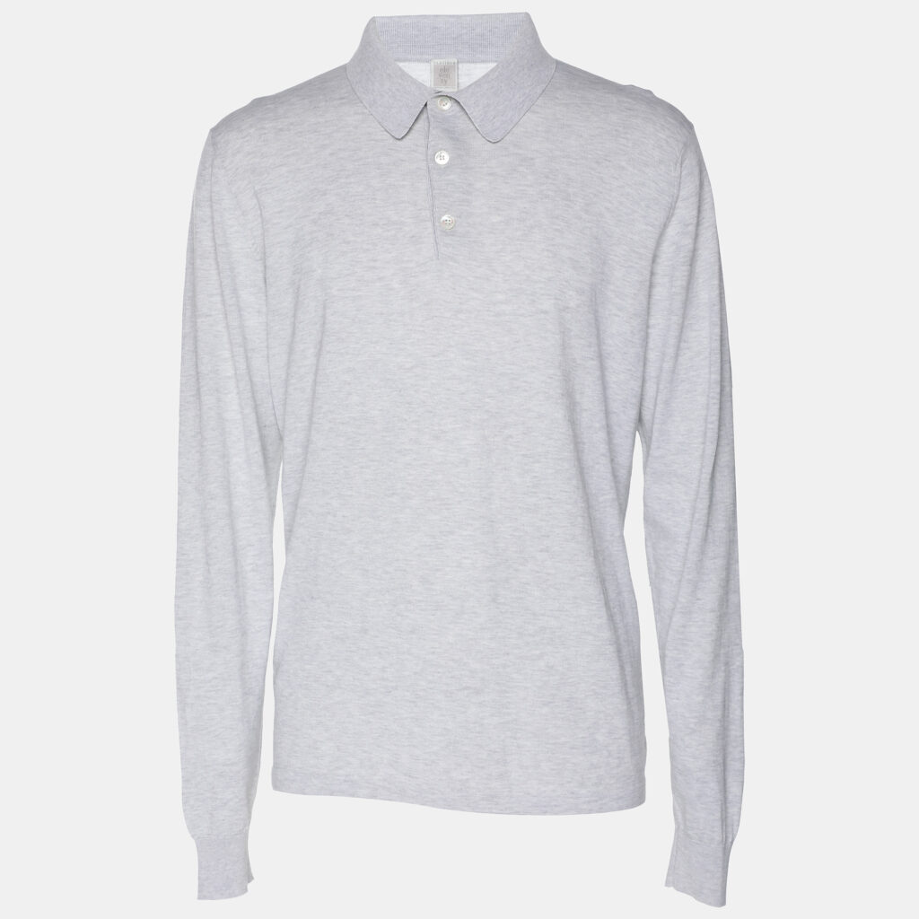 Eleventy Grey Knit Button Full Sleeve Polo T-Shirt L