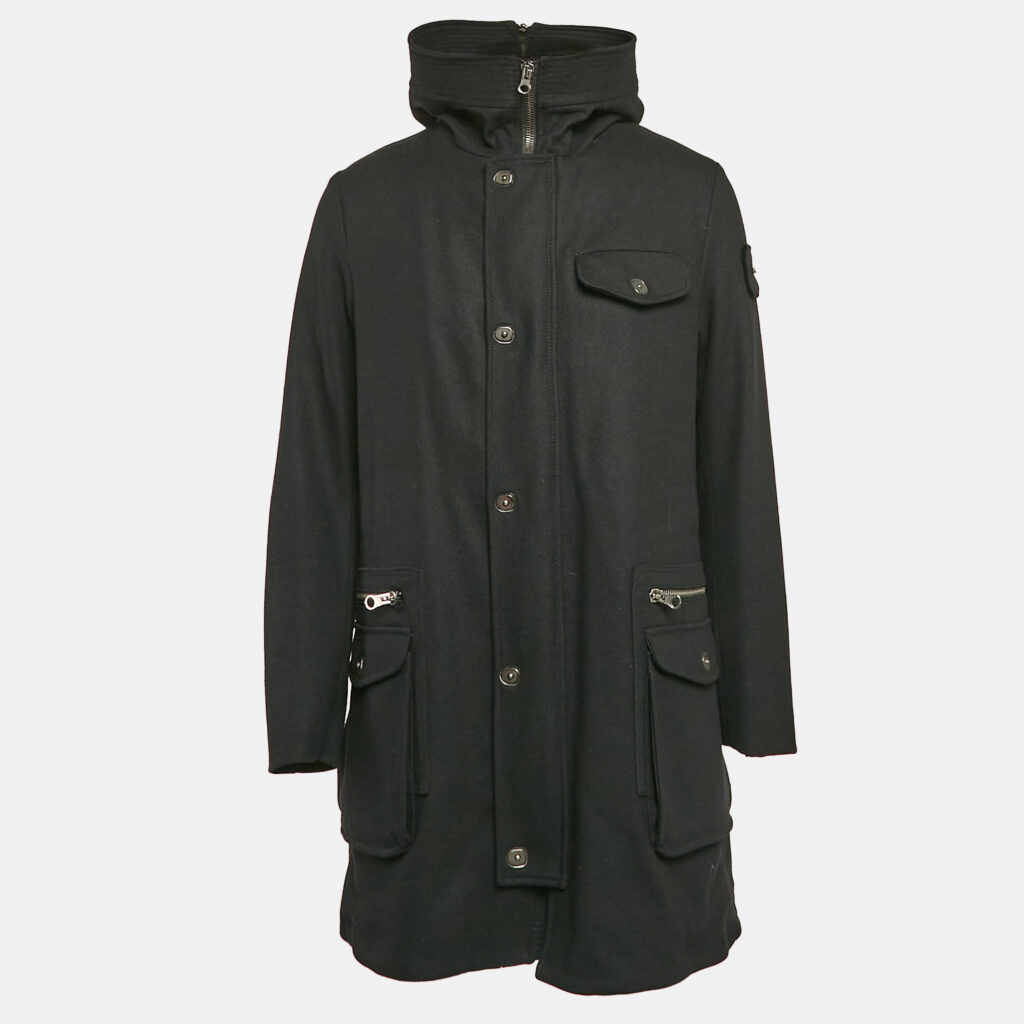 luxury-men-emporio-armani-used-clothes-p1046922-003 Emporio Armani Black Wool Zip-Up Hooded Long Coat M
