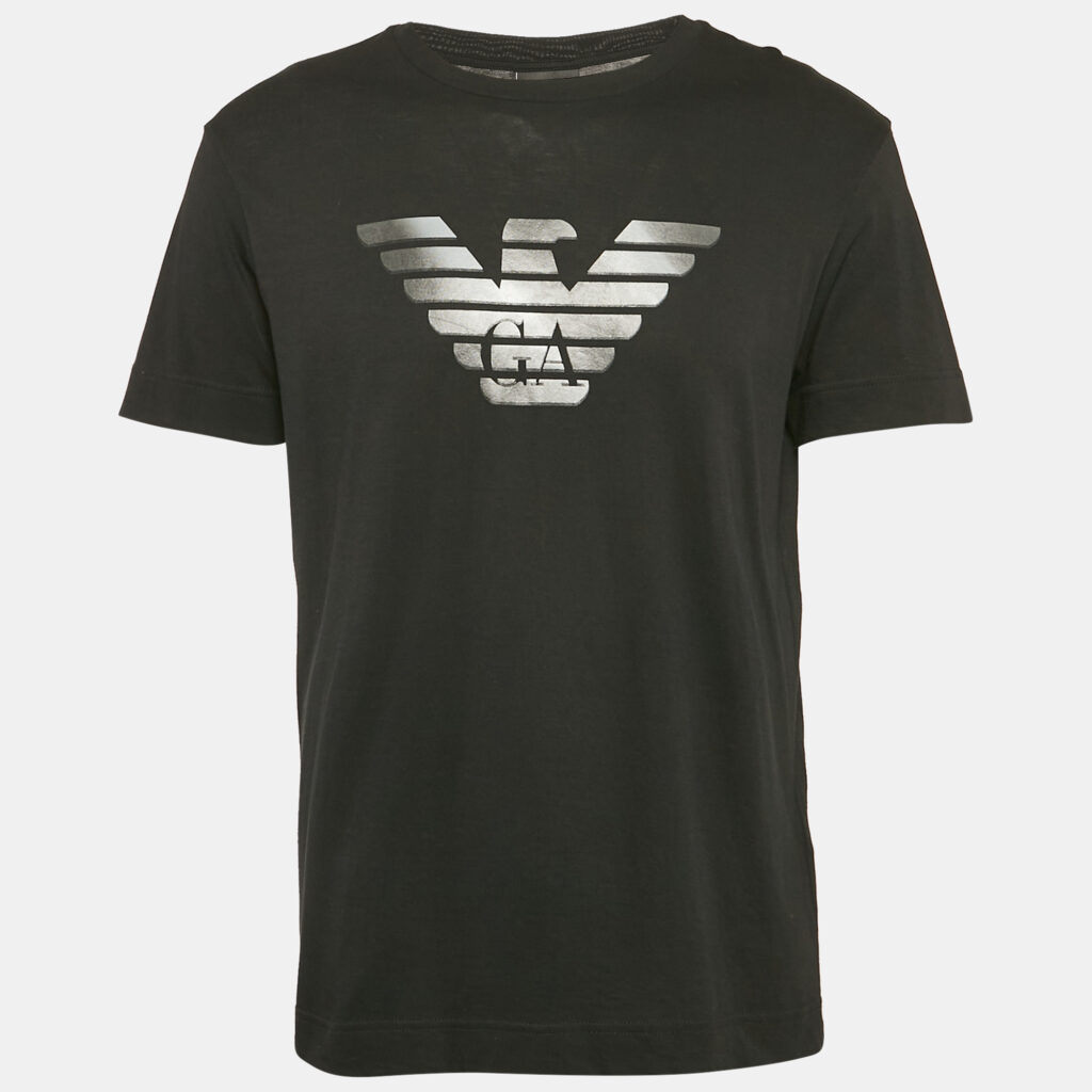 luxury-men-emporio-armani-used-clothes-p1091811-002 Emporio Armani Black Logo Print Cotton Crew Neck T-Shirt XL