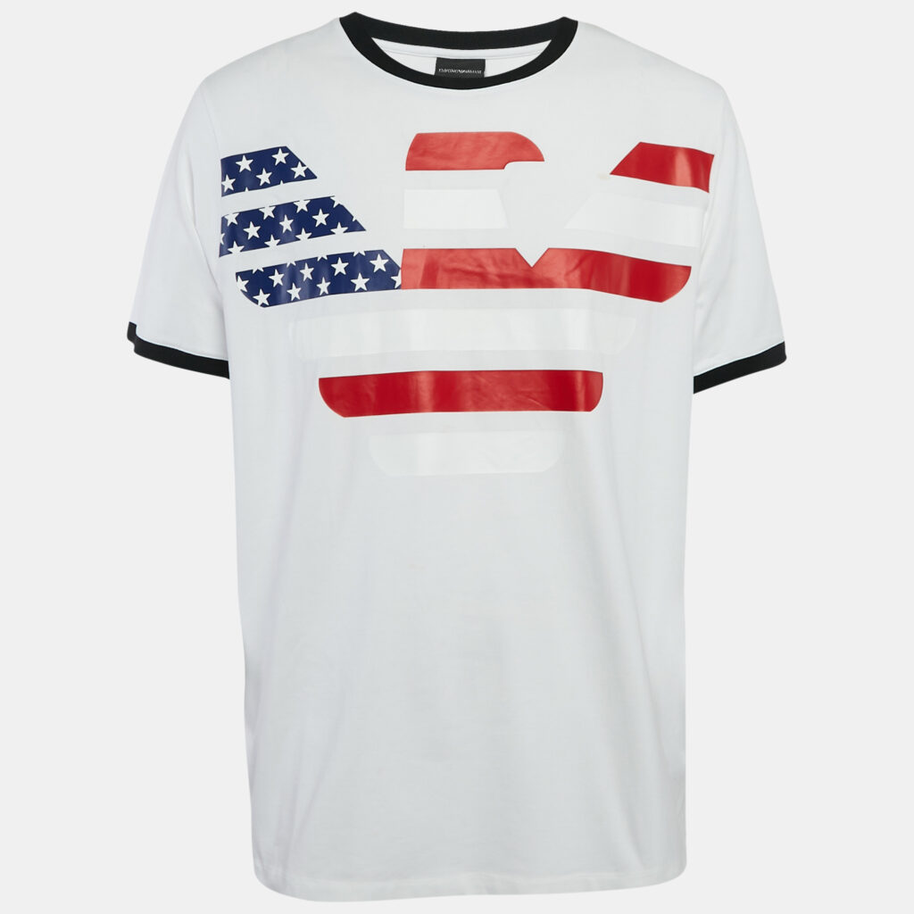 luxury-men-emporio-armani-used-clothes-p1107622-004 Emporio Armani White Logo Printed Cotton Crew Neck T-Shirt XXL
