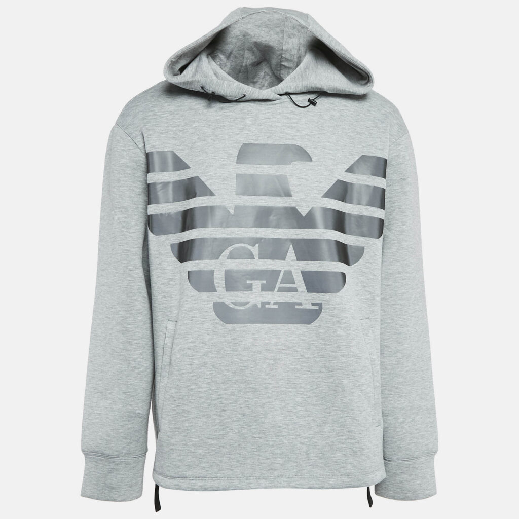 luxury-men-emporio-armani-used-clothes-p1123969-001 Emporio Armani Grey Melange Eagle Logo Print Neoprene Hoodie XL