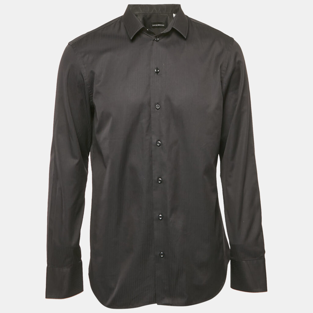 luxury-men-emporio-armani-used-clothes-p1163127-004 Emporio Armani Black Striped Cotton Long Sleeve Shirt XL