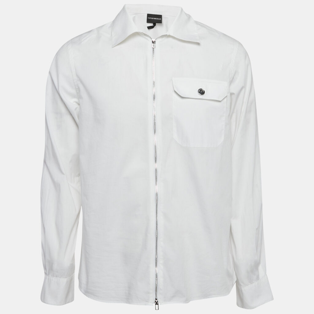 luxury-men-emporio-armani-used-clothes-p1163128-003 Emporio Armani White Cotton Zip-Up Long Sleeve Shirt L