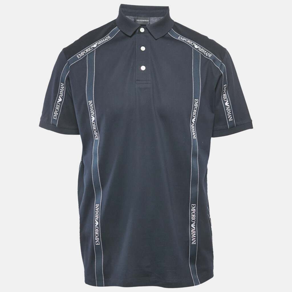 luxury-men-emporio-armani-used-clothes-p1165701-005.jpg Emporio Armani Navy Blue Cotton Logo Tape Trimmed Polo T-Shirt XXL