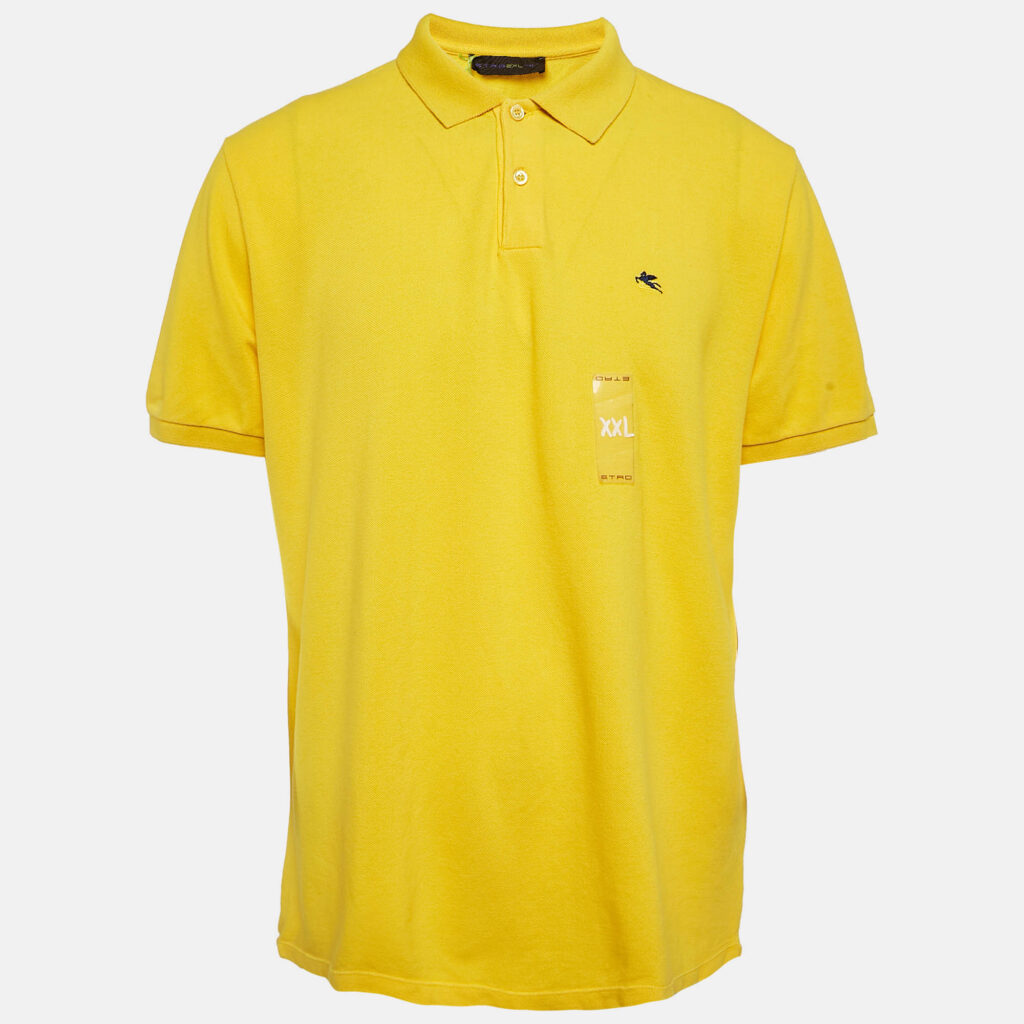 luxury-men-etro-new-clothes-p1128677-001 Etro Yellow Cotton Pique Printed Collar Polo T-Shirt XXL