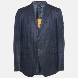 Etro Navy Blue Stripe Wool Blend Single Breasted Blazer L