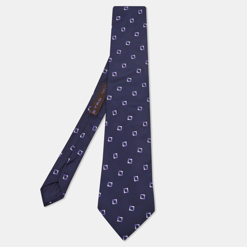 luxury-men-etro-used-accessories-p858332-002 Etro Navy Blue Square Patterned Silk Jacquard Tie