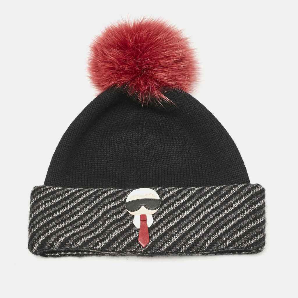 luxury-men-fendi-used-accessories-p1121117-003 Fendi x Karl Lagerfeld Black Applique Cashmere Pom Pom Beanie