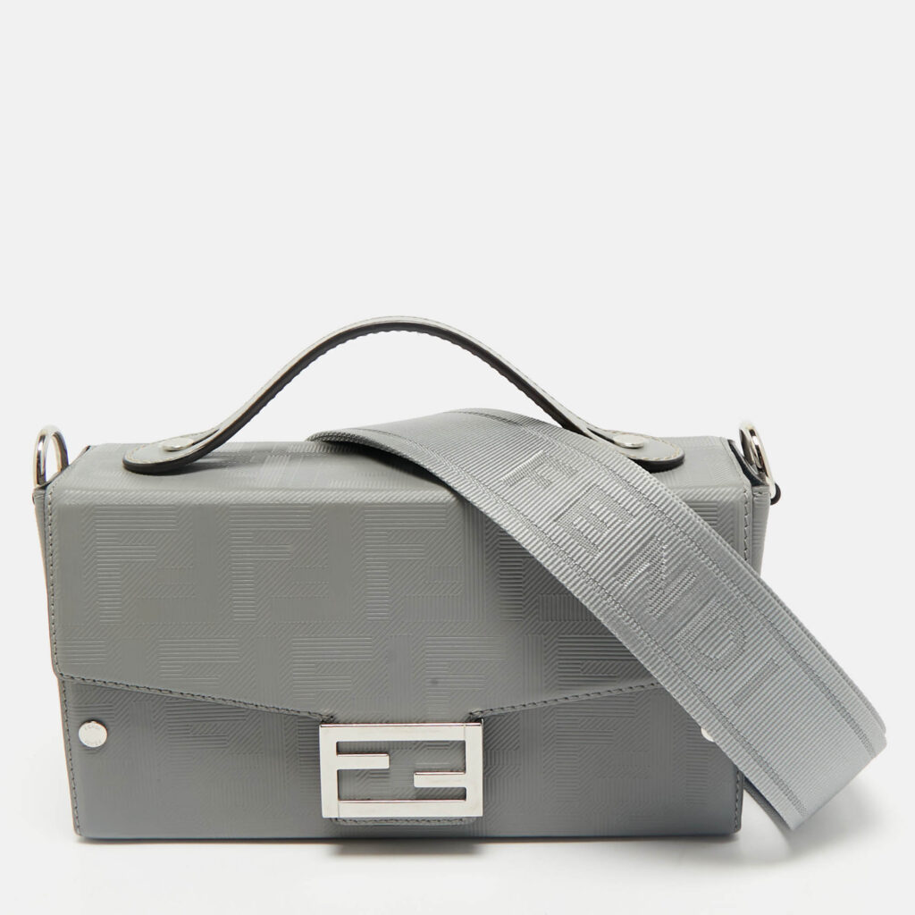 luxury-men-fendi-used-bags-p1160982-012 Fendi Grey FF Embossed Leather Soft Trunk Baguette Bag