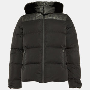 Fendi Black Zucca Print Synthetic Detachable Fur Hooded Down Jacket M