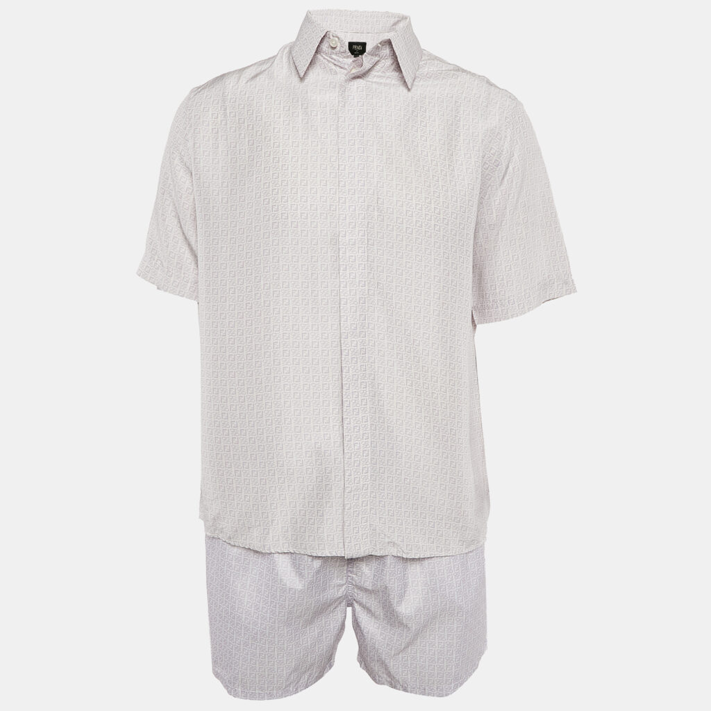luxury-men-fendi-used-clothes-p1120943-001 Fendi White/Purple Logo Print Silk and Synthetic Shirt & Shorts Set M/XL