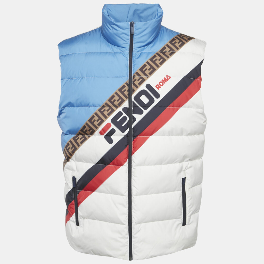 luxury-men-fendi-used-clothes-p1163592-003.jpg Fendi Multicolor Printed Synthetic Logo Mania Puffer Vest L