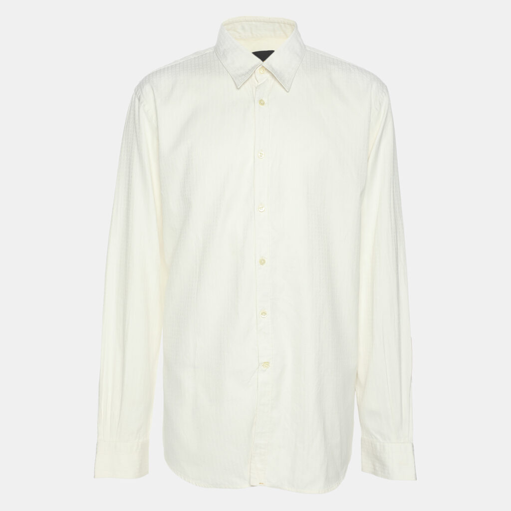 luxury-men-fendi-used-clothes-p1164891-001 Fendi Cream FF Pattern Cotton Long Sleeve Shirt XS