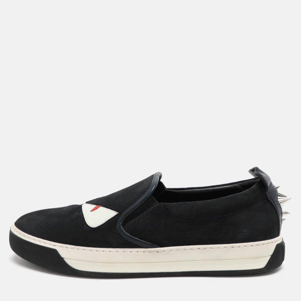 luxury-men-fendi-used-shoes-p1047091-010 Fendi Navy Blue Suede Monster Eyes Slip On Sneakers Size 42