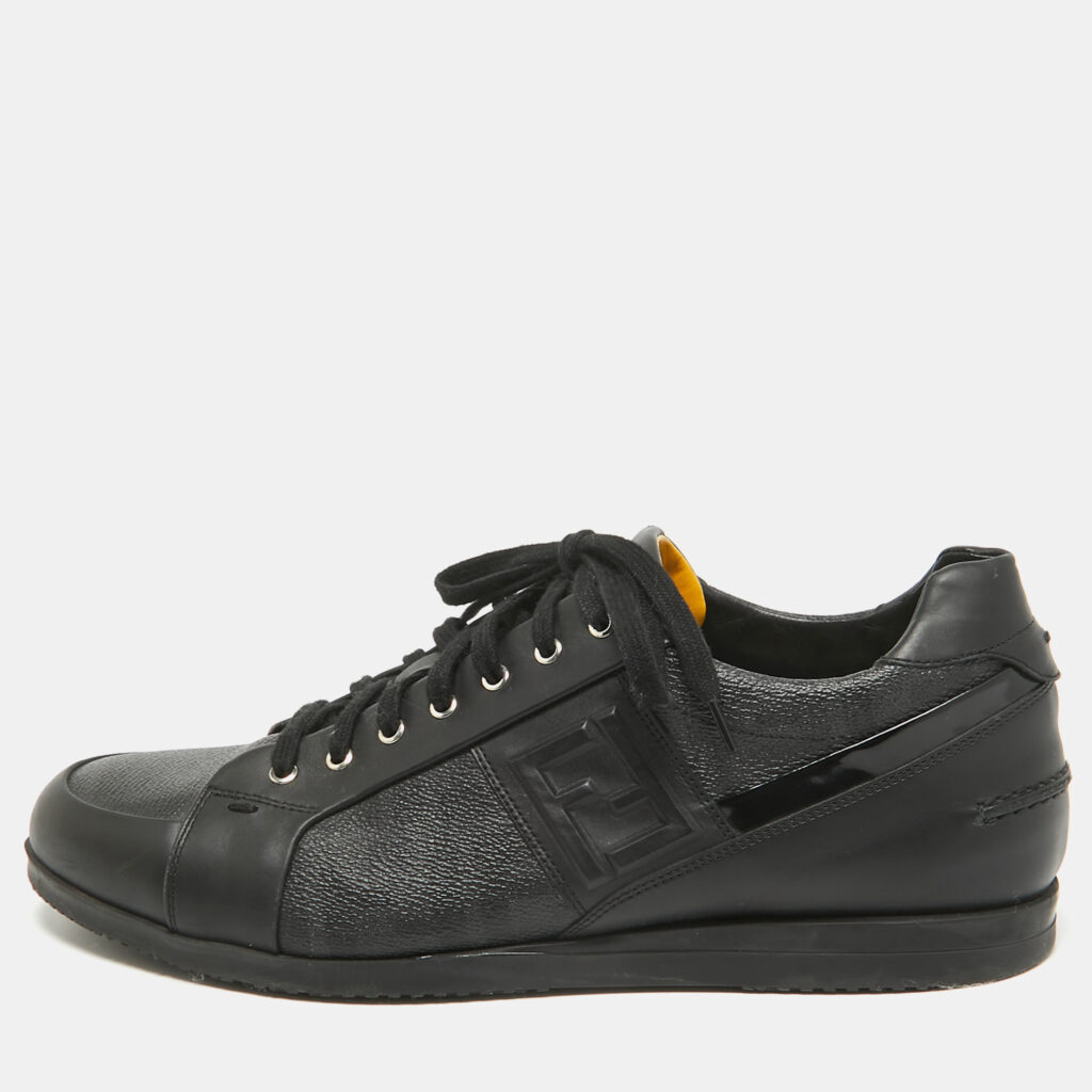 luxury-men-fendi-used-shoes-p1082776-003 Fendi Black Zucca Canvas and Leather Low Top Sneakers Size 43