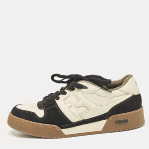 Fendi Cream/Black Leather And Suede Match Lace Up Sneakers Size 38