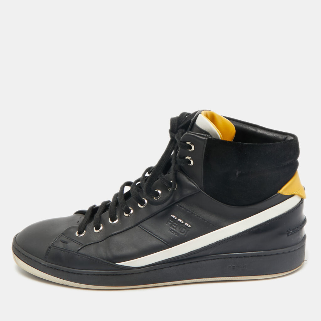 luxury-men-fendi-used-shoes-p1161488-001 Fendi Black Leather And Suede High Top Sneakers Size 42