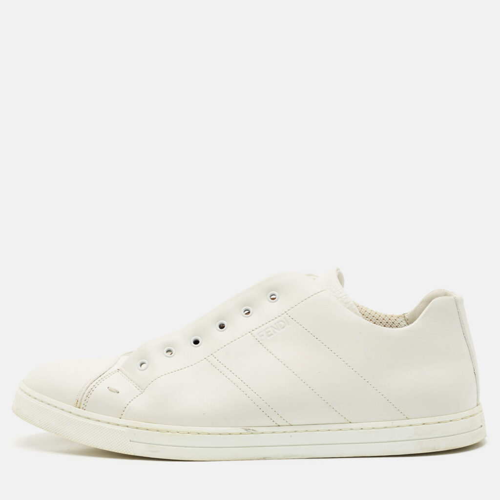 luxury-men-fendi-used-shoes-p1163156-010 Fendi White Leather FF Crisscross Strap Slip On Sneakers Size 43