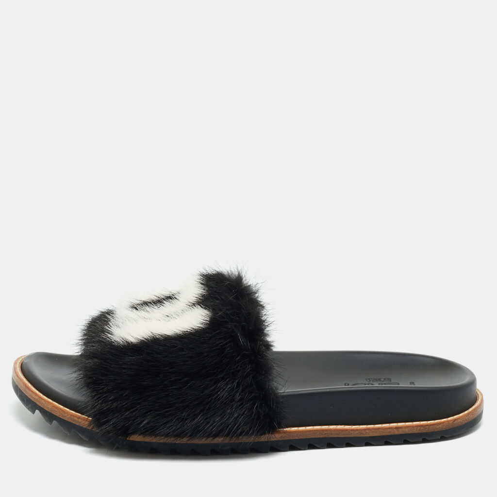 luxury-men-fendi-used-shoes-p1166266-008 Fendi x Fila Black Mink Fur Logo Mania Slide Sandals Size 41