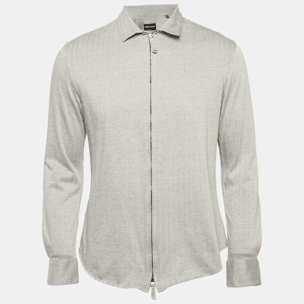 luxury-men-giorgio-armani-used-clothes-p1160384-006 Giorgio Armani Grey Herringbone Cotton Blend Zip-Up Shirt M