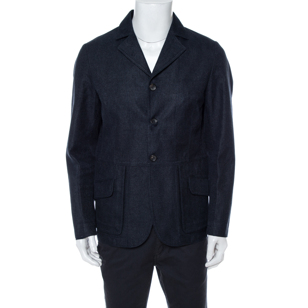 luxury-men-giorgio-armani-used-clothes-p366675-004 Giorgio Armani Navy Blue Linen & Wool Three Buttoned Jacket XL