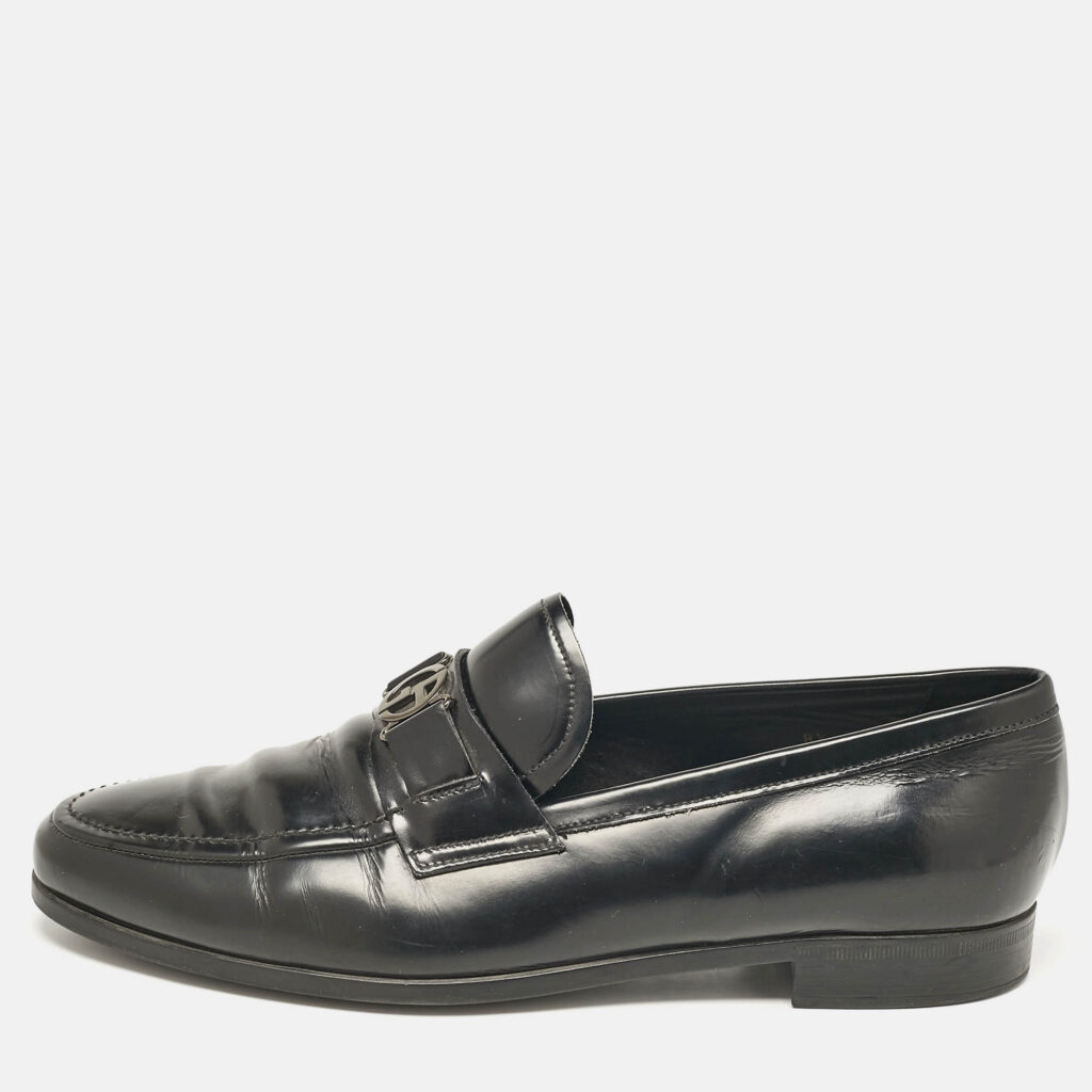 luxury-men-giorgio-armani-used-shoes-p1088221-010 Giorgio Armani Black Leather Logo Slip On Loafers Size 41